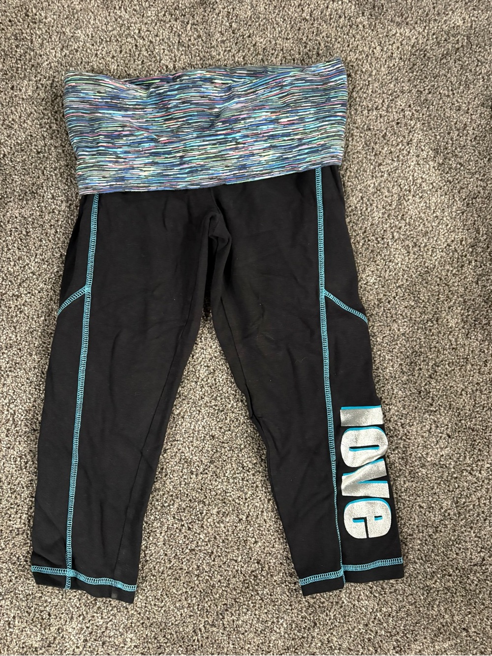 Material Girl Black Capri Leggings with Multicolor Fold-Over Waistband